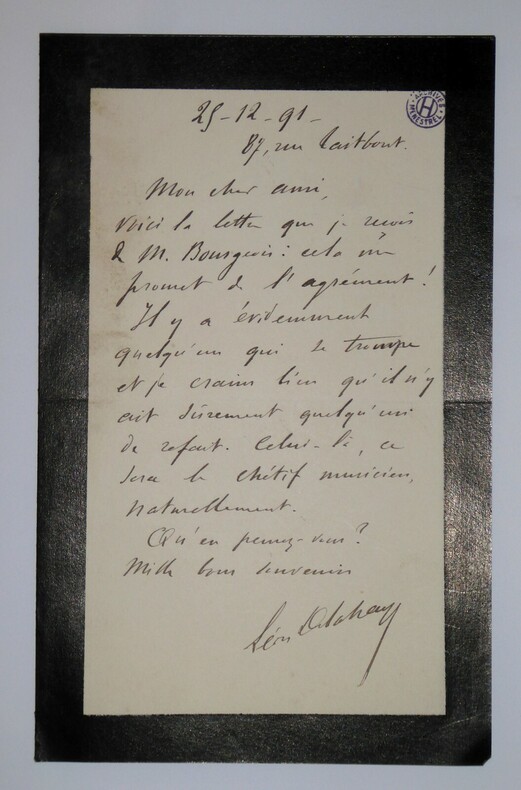 DELAHAYE L&eacute;on - LETTRE AUTOGRAPHE SIGN&Eacute;E, ARCHIVES MENESTREL, 1891. L&eacute;on Delahaye