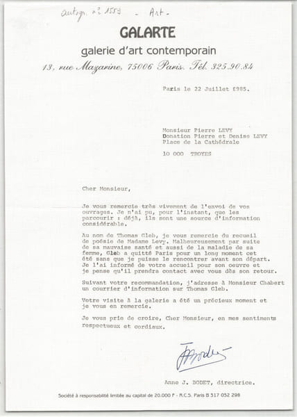 Anne J. Bodet - Lettre dactylographi&eacute;e sign&eacute;e &agrave; Pierre L&eacute;vy - Galart&eacute; - 1985. Anne J. Bodet