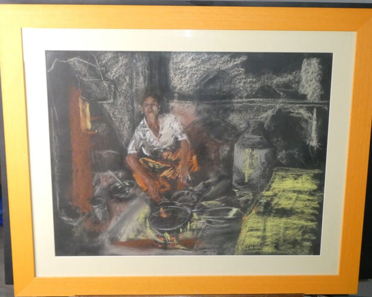 Jeune Indienne dans sa cuisine - Michel Jean - Pastel sign&eacute; - XX&egrave;me. Michel Jean