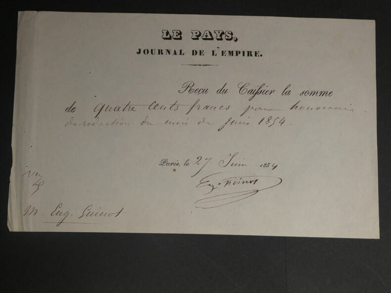 Eug&egrave;ne GUINOT - LE PAYS, LE JOURNAL DE L'EMPIRE - Re&ccedil;u du Caissier sign&eacute; le 27 juin 1854 &agrave; Paris. Eug&egrave;ne GUINOT