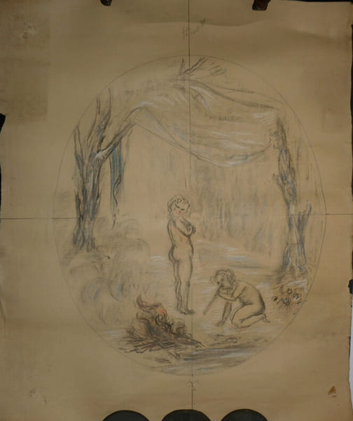 Esquisse au pastel d'enfant allumant un feu. 