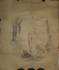 Esquisse au pastel d'enfant allumant un feu. 
