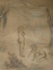Esquisse au pastel d'enfant allumant un feu. 
