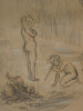 Esquisse au pastel d'enfant allumant un feu. 