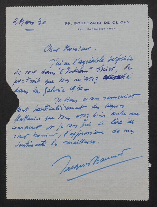 Jacques BAUMER - LETTRE AUTOGRAPHE SIGN&Eacute;E A Gabriel REUILLARD, 1930. Jacques BAUMER