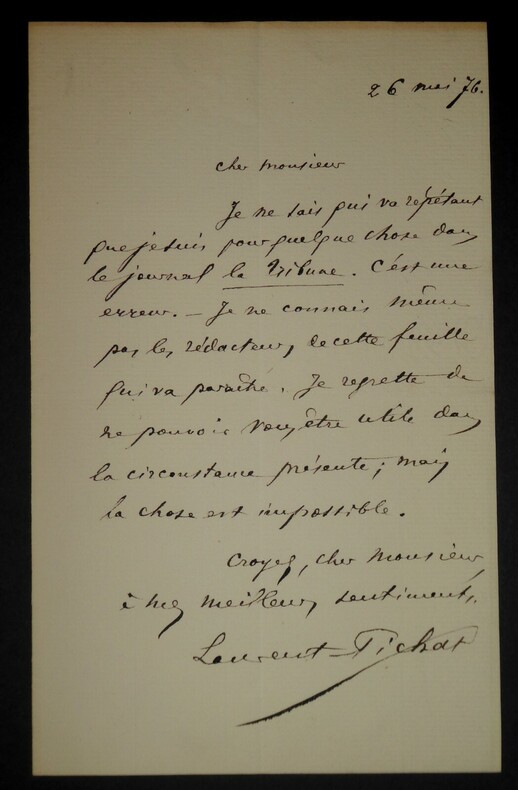 LAURENT-PICHAT L&eacute;on - LETTRE AUTOGRAPHE SIGN&Eacute;E, PARIS, 1876. L&eacute;on Laurent-Pichat