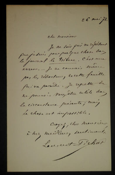 LAURENT-PICHAT L&eacute;on - LETTRE AUTOGRAPHE SIGN&Eacute;E, PARIS, 1876. L&eacute;on Laurent-Pichat