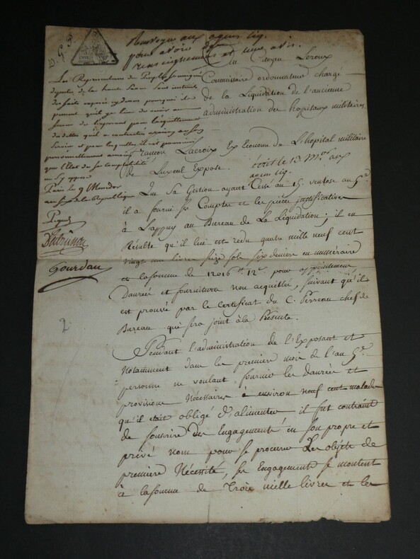 Lettre liquidation h&ocirc;pitaux militaires 13 messidor an 9 - Tampon fiscal. Lacroix