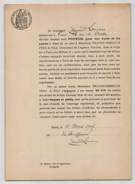 Pouvoir sign&eacute; par Edmond Laurens – Collection coh&eacute;rente de 50 auteurs & musiciens. Edmond Laurens