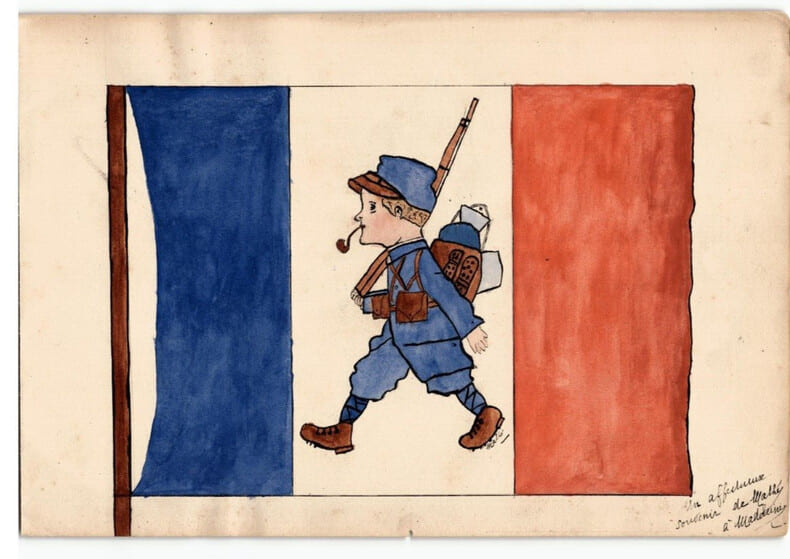 Aquarelle soldat Fran&ccedil;ais dans drapeau tricolore Bleu/Blanc/rouge WW1. 