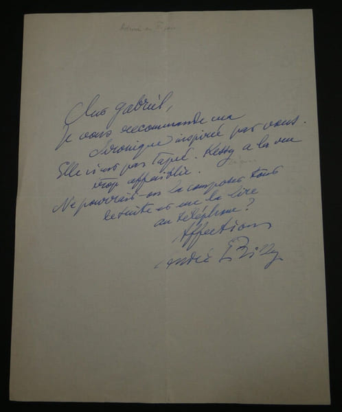 Andr&eacute; BILLY - Lettre autographe sign&eacute;e &agrave; Gabriel. Andr&eacute; Billy