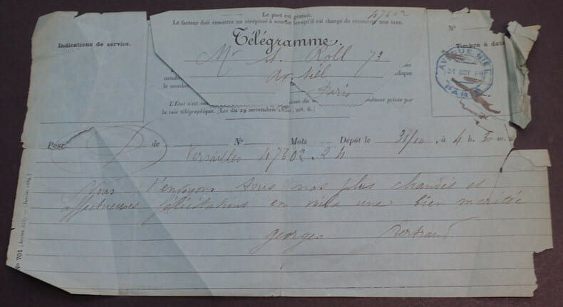 BERTRAND Georges Jules - TELEGRAMME AUTOGRAPHE SIGNE, Versailles, 1889. Georges Jules Bertrand