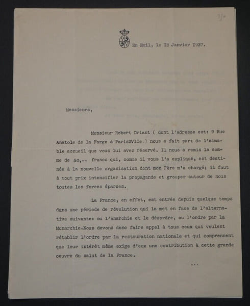 Henri D'ORL&Eacute;ANS, Comte de Paris - TAPUSCRIT SIGN&Eacute; 1937 PROPAGANDE ANARCHIE. Henri D'ORL&Eacute;ANS (Comte de Paris)