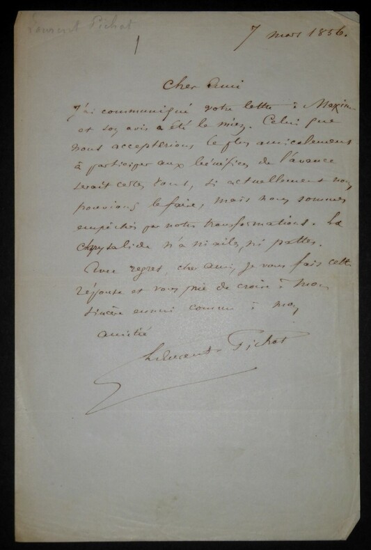 LAURENT-PICHAT L&eacute;on - LETTRE AUTOGRAPHE SIGN&Eacute;E, MARS 1856. L&eacute;on Laurent-Pichat