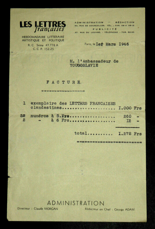 Claude Morgan - Facture des Lettres Fran&ccedil;aises &agrave; l'Ambassadeur de Yougoslavie. Claude Morgan
