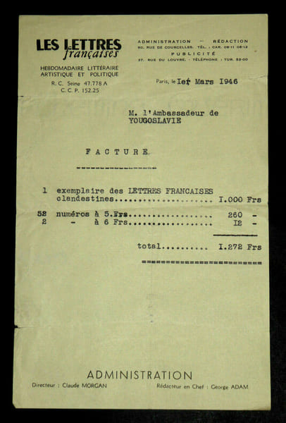 Claude Morgan - Facture des Lettres Fran&ccedil;aises &agrave; l'Ambassadeur de Yougoslavie. Claude Morgan