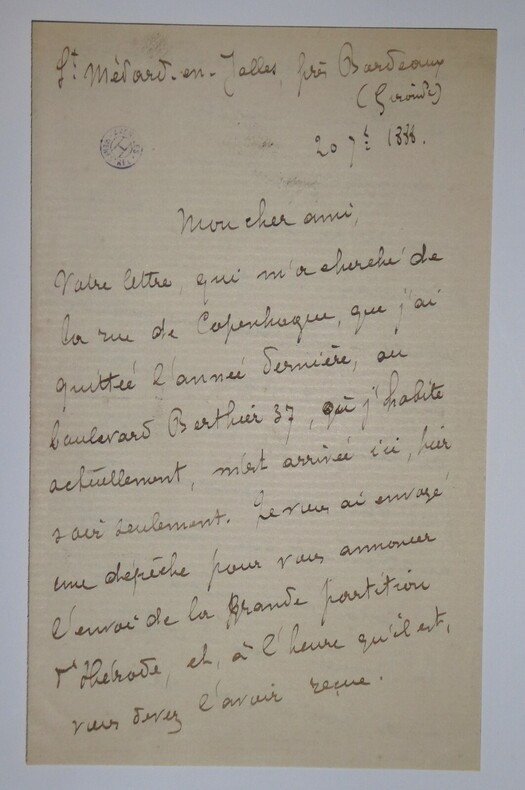 CHAUMET William - LETTRE AUTOGRAPHE SIGN&Eacute;E, BORDEAUX, 1888. William Chaumet