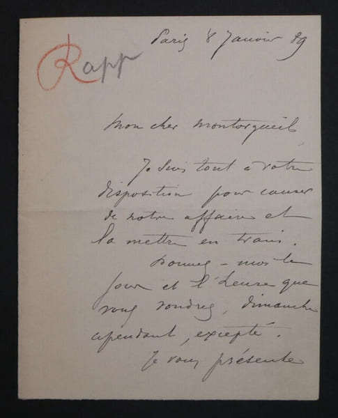Eug&egrave;ne RAPP, dessinateur, RARE LETTRE AUTOGRAPHE SIGN&Eacute;E MONTORGUEIL Paris 1889. Eug&egrave;ne RAPP