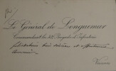 Paul de LONGUEMAR - CARTE DE VISITE AUTOGRAPHE DE F&Eacute;LICITATIONS. Paul de LONGUEMAR