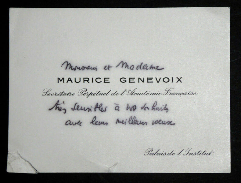Maurice GENEVOIX CARTE DE VISITE Remerciement voeux nouvelle ann&eacute;e.. Maurice GENEVOIX