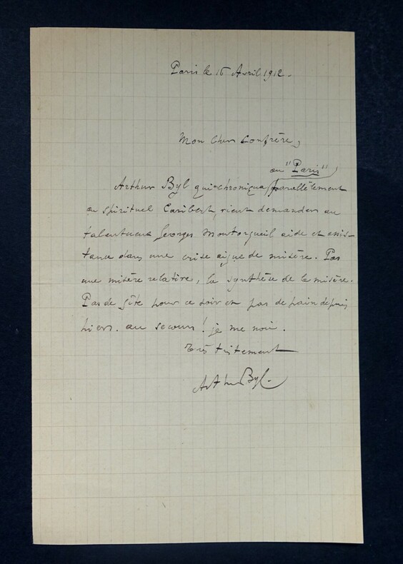 BYL Arthur - LETTRE AUTOGRAPHE SIGN&Eacute;E &Agrave; Georges MONTORGUEIL, PARIS 1912. Arthur Byl