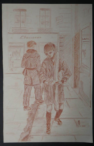 Dessin couleur sanguine sign&eacute; "M.G", "sc&egrave;ne de vie" Janvier 2007. M.G