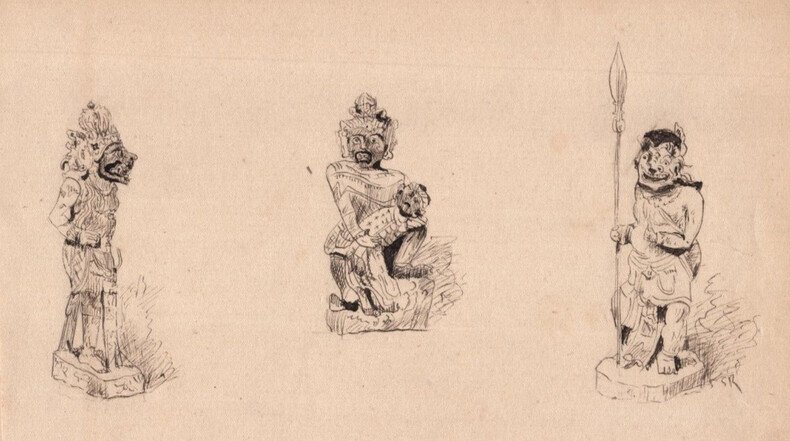 Esquisse &agrave; l'encre de trois figures anthropomorphes. 
