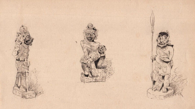 Esquisse &agrave; l'encre de trois figures anthropomorphes. 