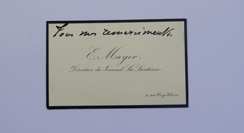 MAYER Eug&egrave;ne - Carte de visite simple annot&eacute;e, remerciements. Eug&egrave;ne Mayer