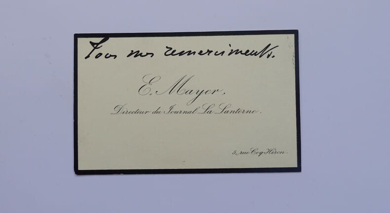 MAYER Eug&egrave;ne - Carte de visite simple annot&eacute;e, remerciements. Eug&egrave;ne Mayer