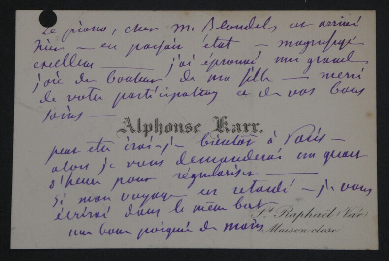 Alphonse KARR, Romancier - CARTE DE VISITE AUTOGRAPHE A Mr. BLONDEL. Alphonse KARR