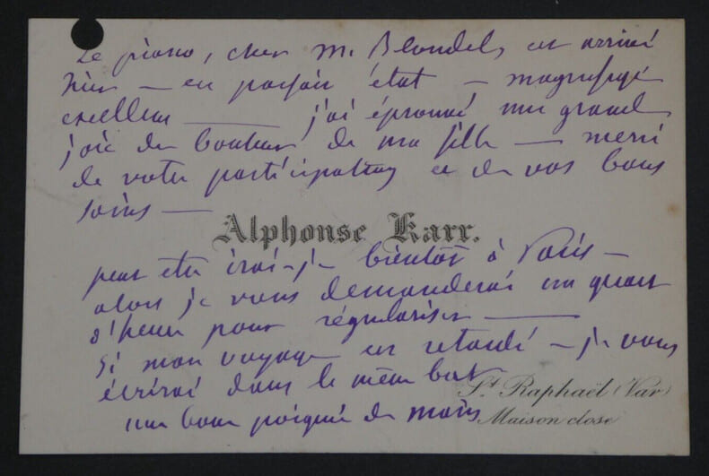Alphonse KARR, Romancier - CARTE DE VISITE AUTOGRAPHE A Mr. BLONDEL. Alphonse KARR