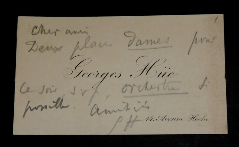 H&Uuml;E Georges - CARTE DE VISITE paraph&eacute;e r&eacute;servation spectacle compositeur. Georges H&uuml;e