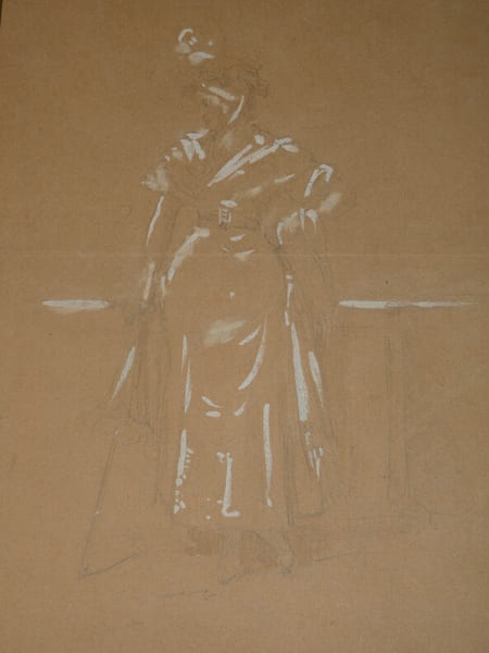 Dessin d'une femme au crayon de bois et touche de blanc. 