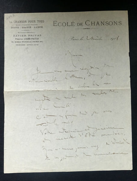 PRIVAS Xavier - LETTRE AUTOGRAPHE SIGN&Eacute;E, ECOLE DE CHANSONS, PARIS 1918. Xavier Privas
