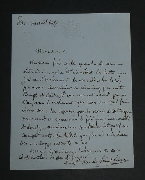 Henri Jean Victor de Rouvroy, Duc de SAINT SIMON - LETTRE AUTOGRAPHE SIGN&Eacute;E, 1887. Henri Jean Victor de Rouvroy, Duc de Saint-Simon