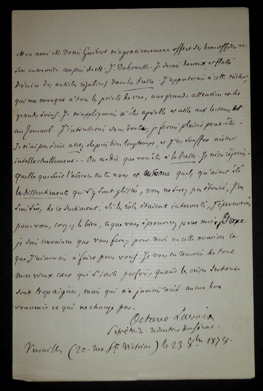 LETTRE AUTOGRAPHE SIGN&Eacute;E, S&Eacute;NAT, VERSAILLES, 1878. Octave Lacroix de Crespel