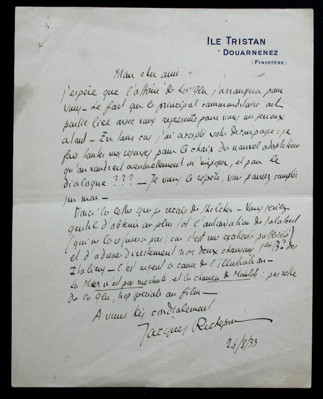 Jacques RICHEPIN - LETTRE AUTOGRAPHE SIGN&Eacute;E, Douarnenez, 1933. Jacques Richepin