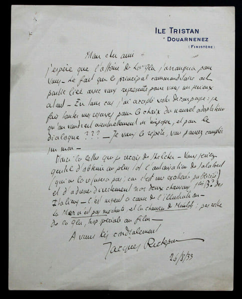 Jacques RICHEPIN - LETTRE AUTOGRAPHE SIGN&Eacute;E, Douarnenez, 1933. Jacques Richepin