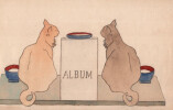 Dessin &agrave; l'encre et &agrave; l'aquarelle de deux chats face &agrave; un album. 