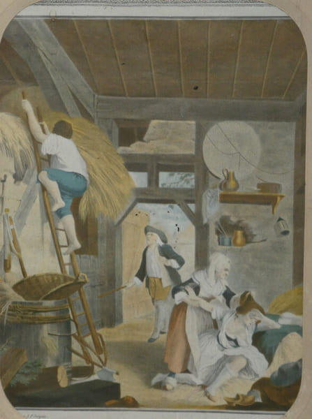 Gravure en couleur "La fuite" avec cadre bois et passe-partout. 