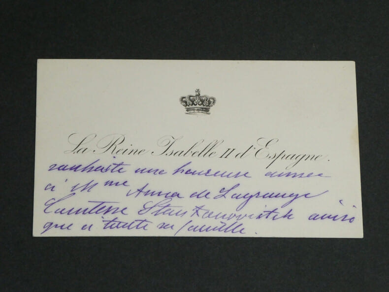 Isabelle II d'Espagne - Carte de visite autographe de vœux adress&eacute;e &agrave; Mme Anna de La Grange de Stankowitch. Isabelle II d'Espagne