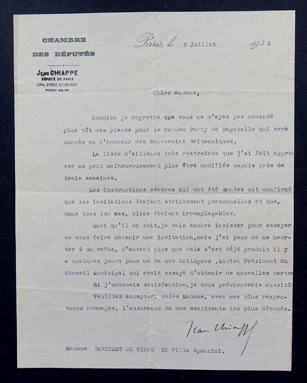 Jean CHIAPPE, Homme politique - TAPUSCRIT SIGN&Eacute; A Mme BARRELET DE RICOU, 1938. Jean CHIAPPE