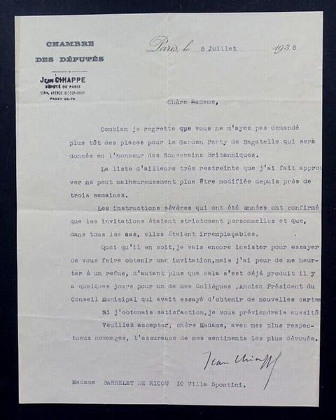 Jean CHIAPPE, Homme politique - TAPUSCRIT SIGN&Eacute; A Mme BARRELET DE RICOU, 1938. Jean CHIAPPE