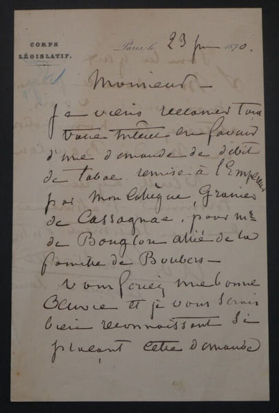 Adh&eacute;mar DE GUILLOUTET, Homme politique - LETTRE AUTOGRAPHE SIGN&Eacute;E 1870 PARIS. Adh&eacute;mar DE GUILLOUTET