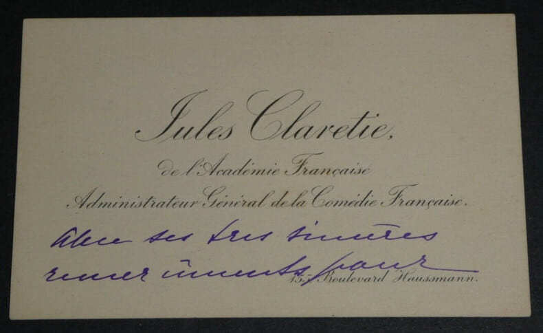 Jules CLARETIE, Romancier - CARTE DE VISITE AUTOGRAPHE 2 pages. Jules CLARETIE
