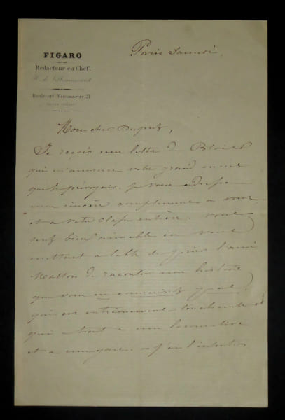 VILLEMESSANT Hippolyte LETTRE AUTOGRAPHE SIGN&Eacute;E, FIGARO REDACTEUR EN CHEF PARIS. Hippolyte de Villemessant