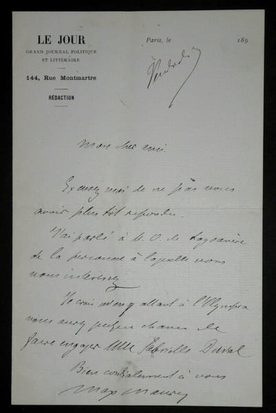 Max MAUREY - Lettre autographe sign&eacute;e, Paris. Papier avec ent&ecirc;te "Le Jour", Grand Journal Quotidien Politique et Litt&eacute;raire.. Max Maurey