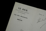 Max MAUREY - Lettre autographe sign&eacute;e, Paris. Papier avec ent&ecirc;te "Le Jour", Grand Journal Quotidien Politique et Litt&eacute;raire.. Max Maurey