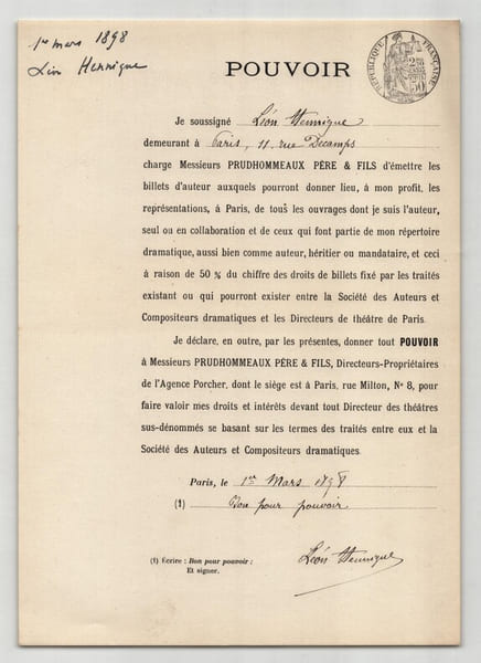 Pouvoir sign&eacute; L&eacute;on Hennique – Collection coh&eacute;rente de 50 auteurs & musiciens. L&eacute;on Hennique